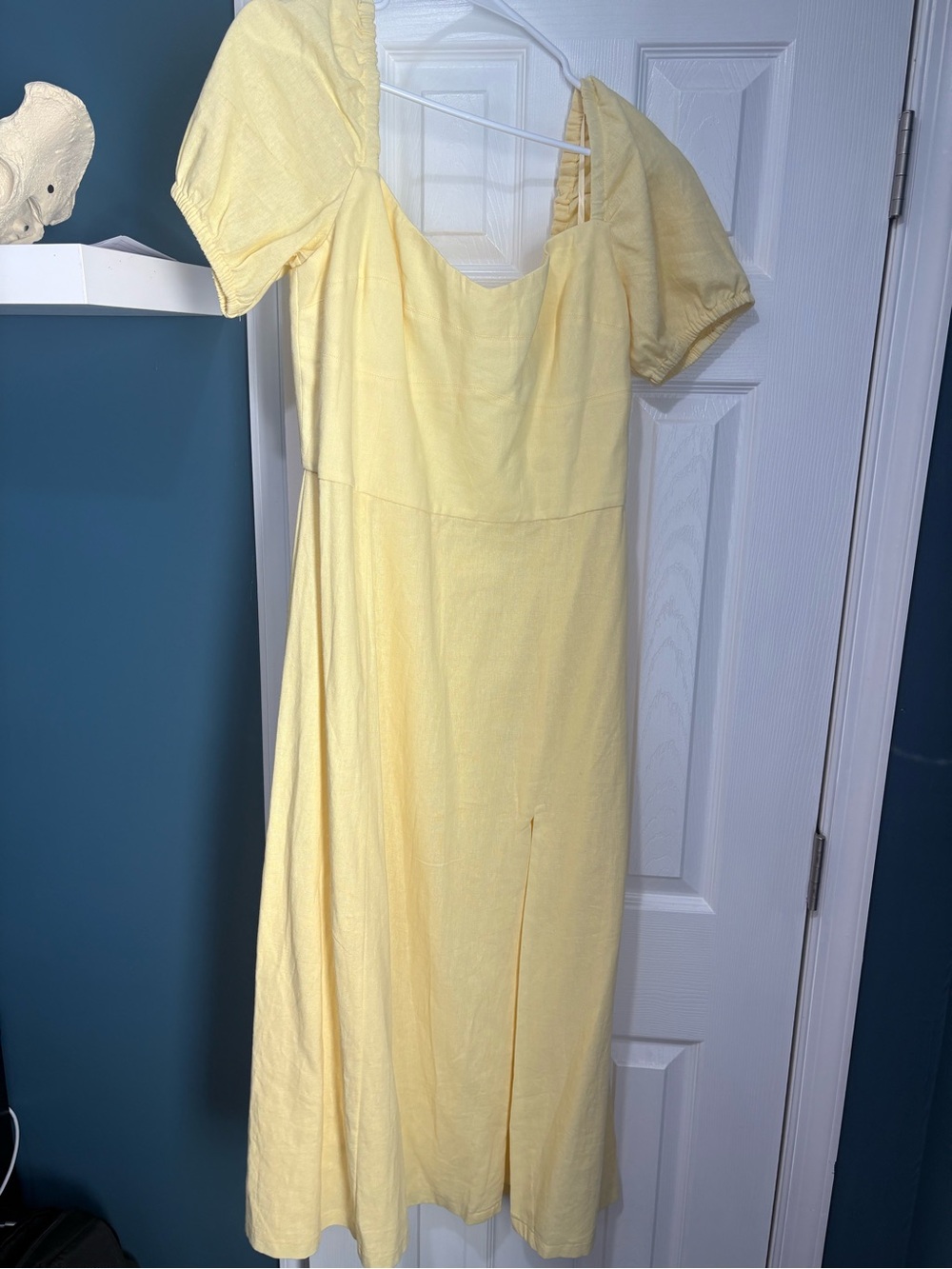 Bardot Butter Yellow Puff-Sleeve Midi linen Dress with slit